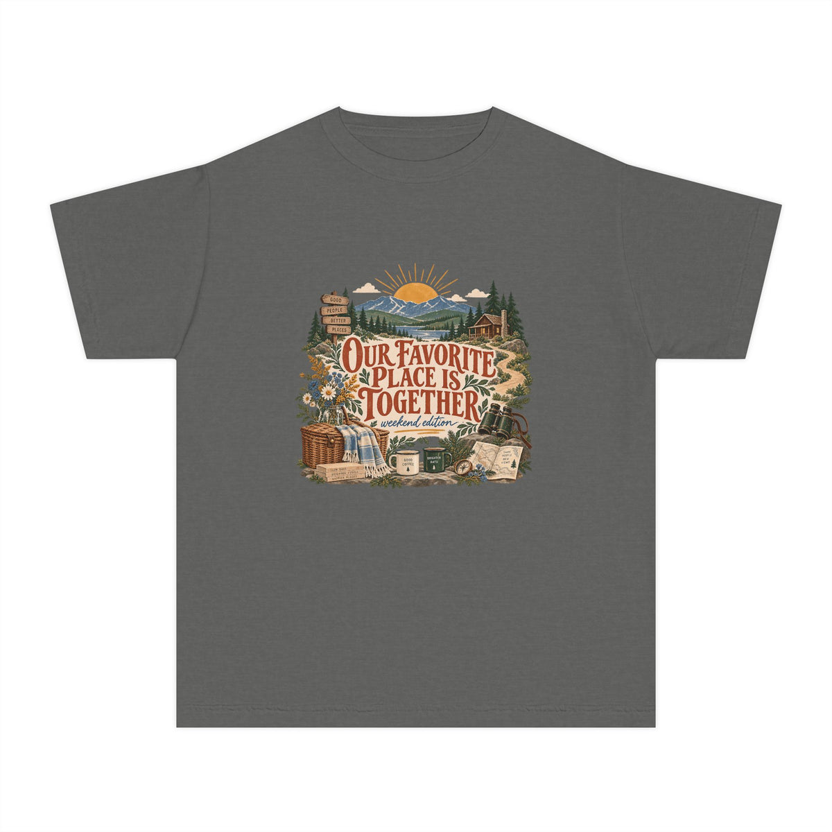 Our Favorite Place Is Together Youth Tee – Kids' Comfort Colors Family Getaway Shirt in Pepper – flat lay