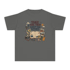 Take the Trip Keep the Story Youth Tee – Kids' Comfort Colors Road Trip Shirt in Pepper – flat lay