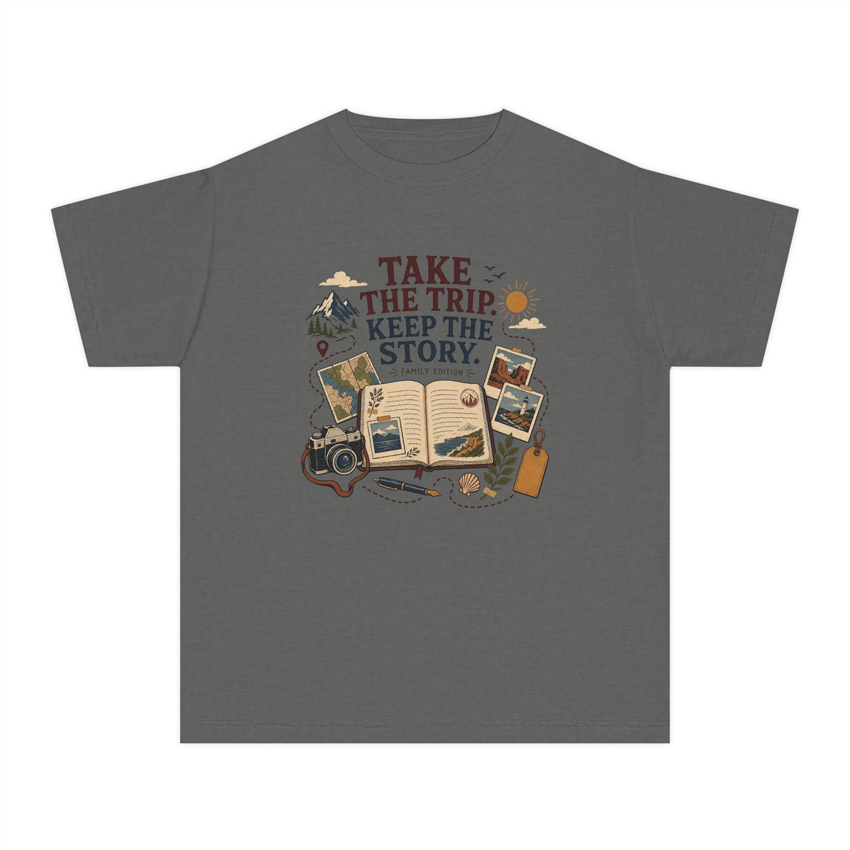 Take the Trip Keep the Story Youth Tee – Kids' Comfort Colors Road Trip Shirt in Pepper – flat lay