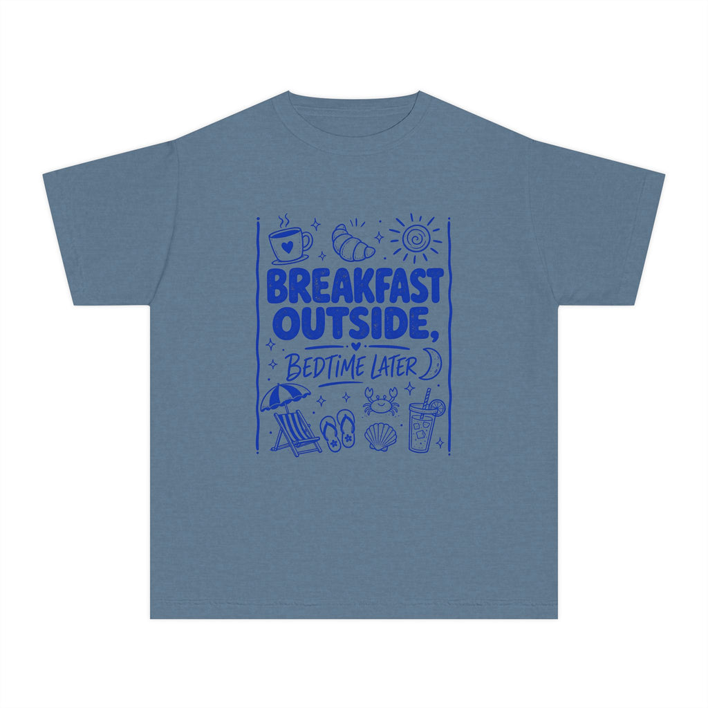 Breakfast Outside Bedtime Later Youth Tee – Kids' Comfort Colors Beach Vacation Shirt in Blue Jean – flat lay