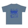 Breakfast Outside Bedtime Later Youth Tee – Kids' Comfort Colors Beach Vacation Shirt in Blue Jean – flat lay