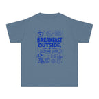 Breakfast Outside Bedtime Later Youth Tee – Kids' Comfort Colors Beach Vacation Shirt in Blue Jean – flat lay