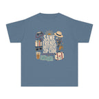 Same Friends Different Zip Code Youth Tee – Kids' Comfort Colors Family Travel Shirt in Blue Jean – flat lay