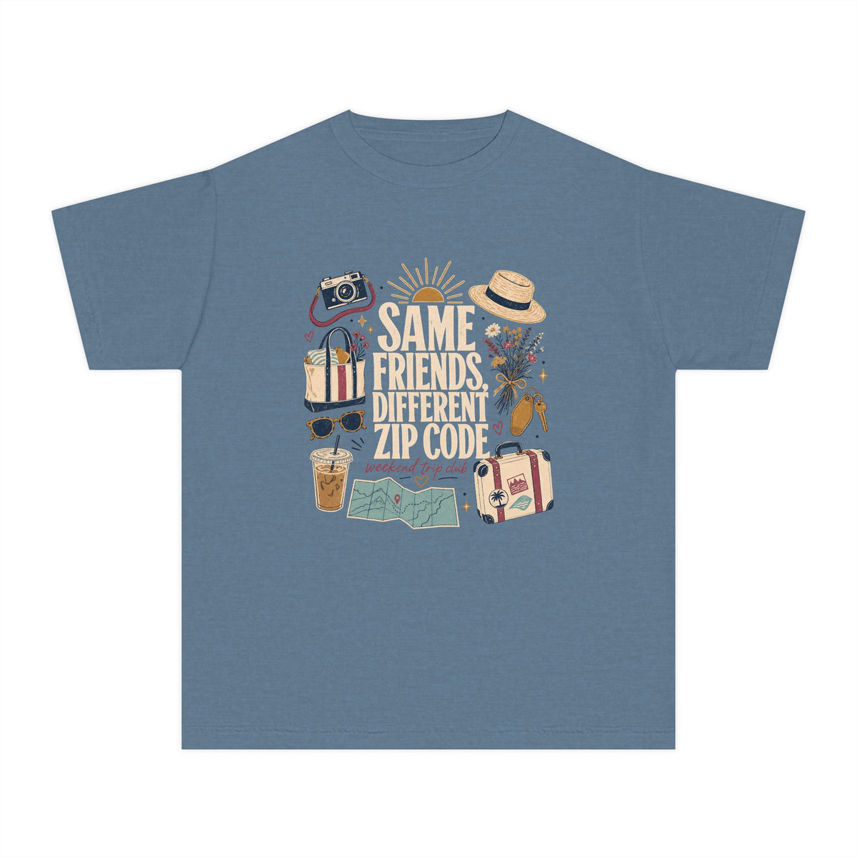 Same Friends Different Zip Code Youth Tee – Kids' Comfort Colors Family Travel Shirt in Blue Jean – flat lay