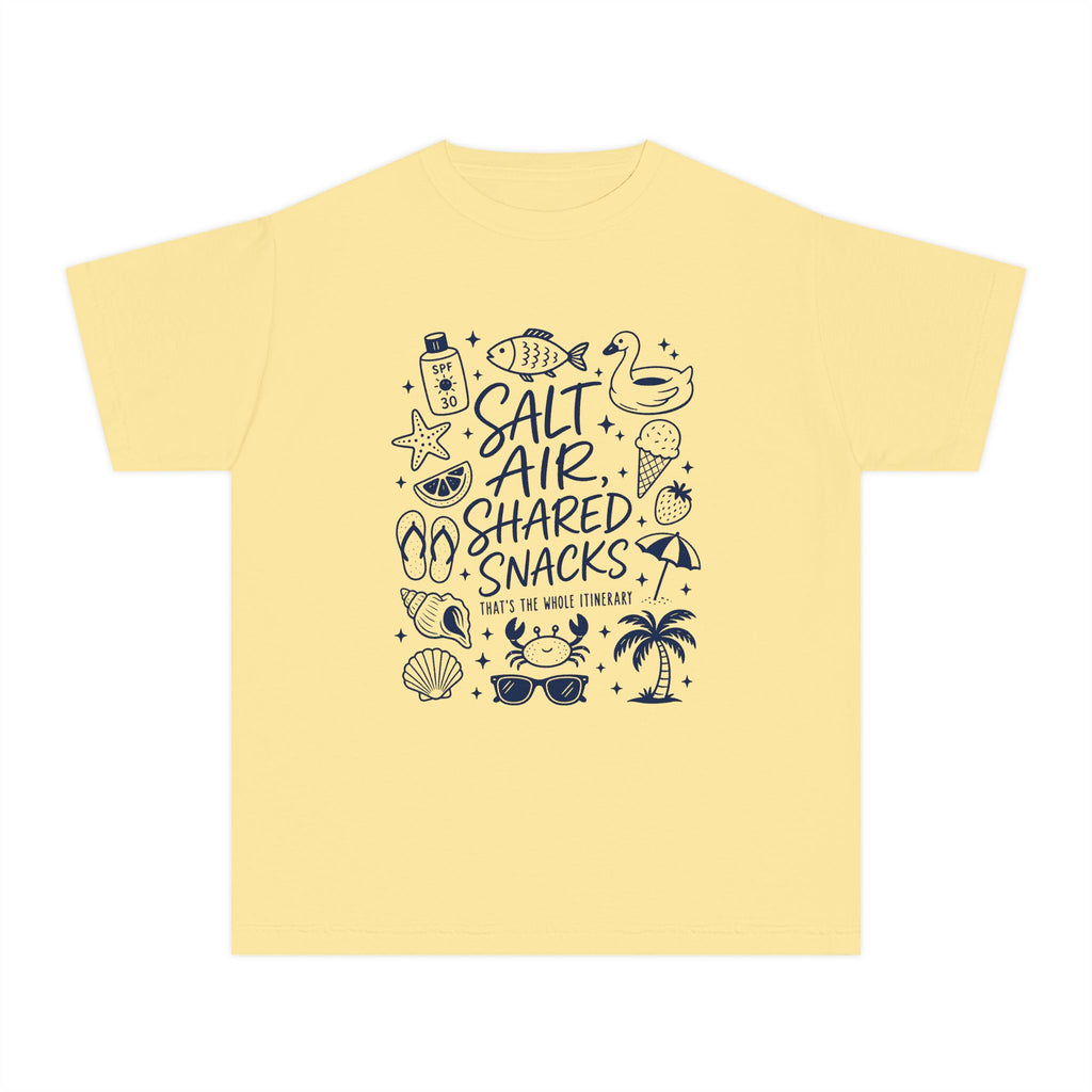 Salt Air Shared Snacks Youth Tee – Kids' Comfort Colors Beach Vacation Shirt in Butter – flat lay