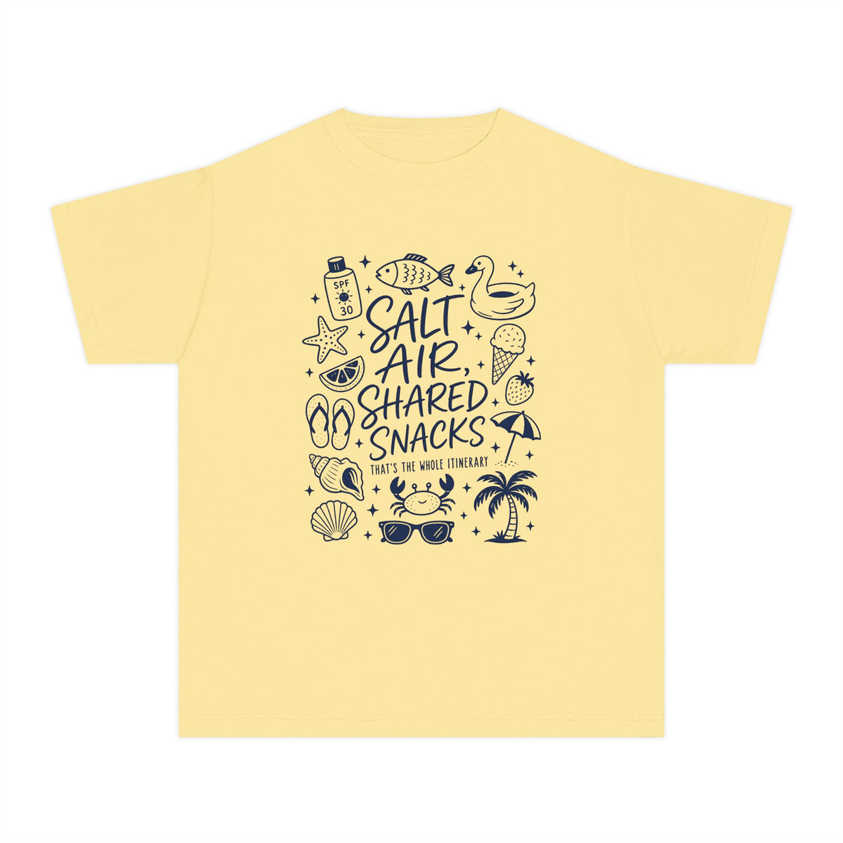 Salt Air Shared Snacks Youth Tee – Kids' Comfort Colors Beach Vacation Shirt in Butter – flat lay