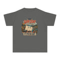 The Good Stuff Happens Off the Itinerary Youth Tee – Kids' Comfort Colors Family Travel Shirt in Pepper – flat lay