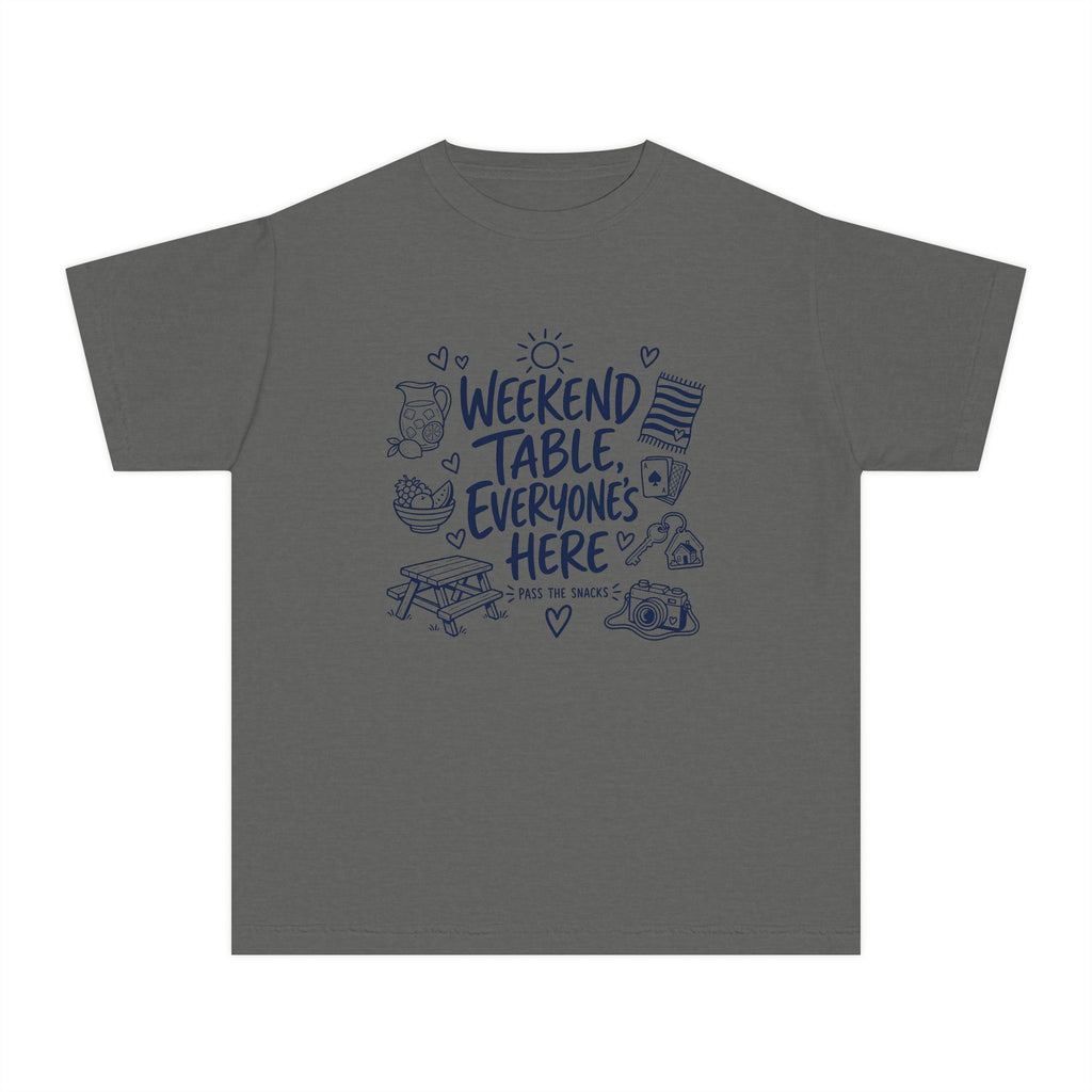 Weekend Table Everyone's Here Youth Tee – Kids' Comfort Colors Family Getaway Shirt in Pepper – flat lay