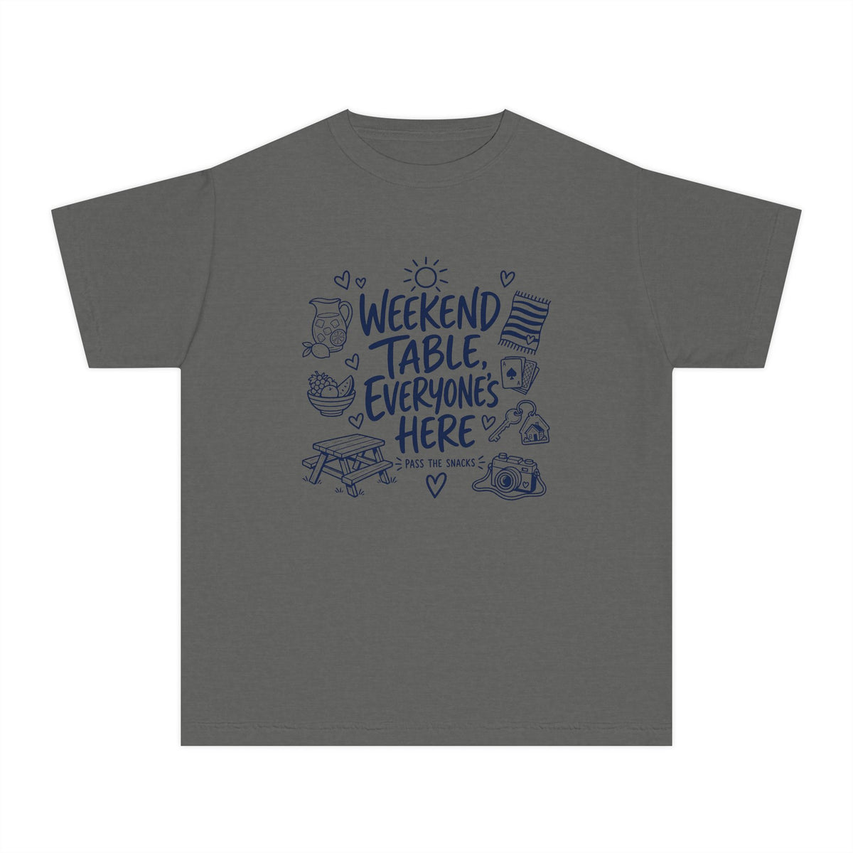 Weekend Table Everyone's Here Youth Tee – Kids' Comfort Colors Family Getaway Shirt in Pepper – flat lay
