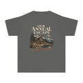 Our Annual Escape Youth Tee – Kids' Comfort Colors Lakeside Lodge Shirt in Pepper – flat lay