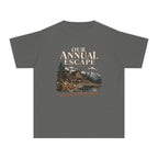 Our Annual Escape Youth Tee – Kids' Comfort Colors Lakeside Lodge Shirt in Pepper – flat lay