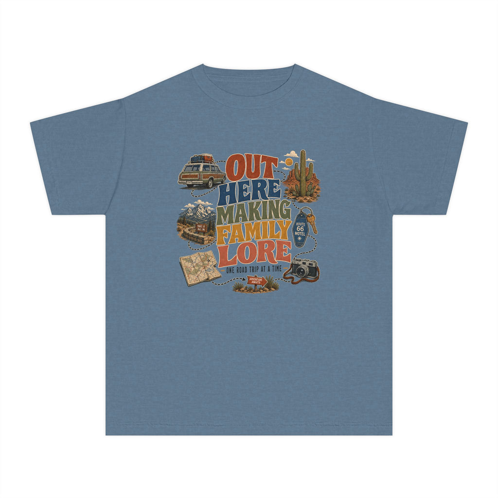 Out Here Making Family Lore Youth Tee – Kids' Comfort Colors Road Trip Shirt in Blue Jean – flat lay