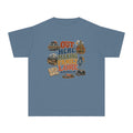Out Here Making Family Lore Youth Tee – Kids' Comfort Colors Road Trip Shirt in Blue Jean – flat lay