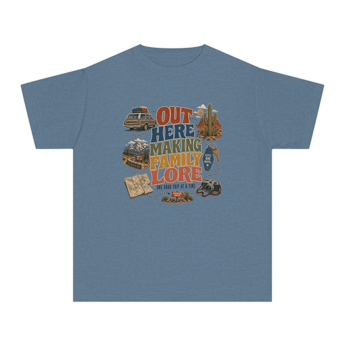 Out Here Making Family Lore Youth Tee – Kids' Comfort Colors Road Trip Shirt in Blue Jean – flat lay