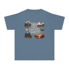 Trips We'll Talk About Forever Youth Tee – Kids' Comfort Colors Family Travel Shirt in Blue Jean – flat lay