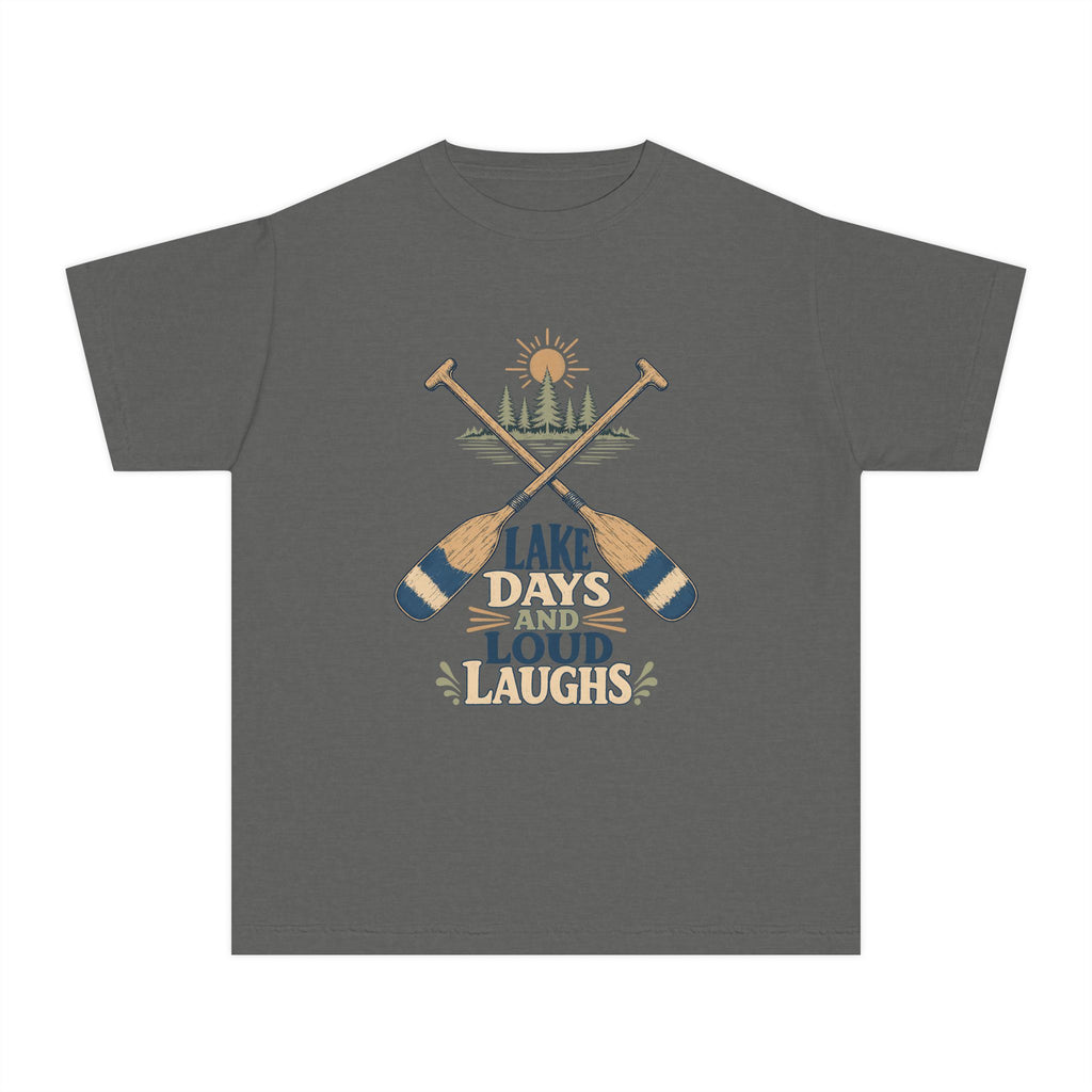 Lake Days and Loud Laughs Youth Tee – Kids' Comfort Colors Family Lake Shirt in Pepper – flat lay