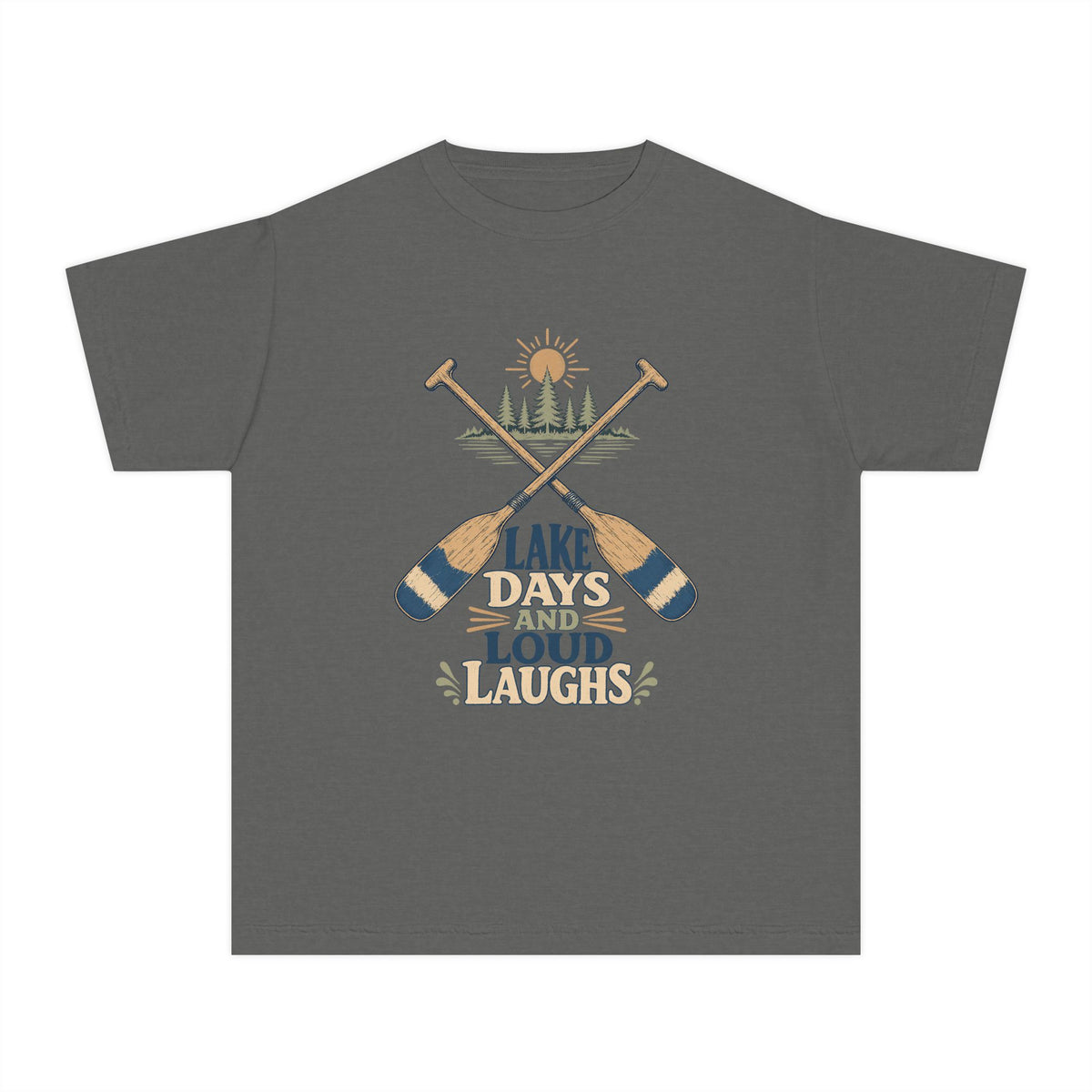 Lake Days and Loud Laughs Youth Tee – Kids' Comfort Colors Family Lake Shirt in Pepper – flat lay