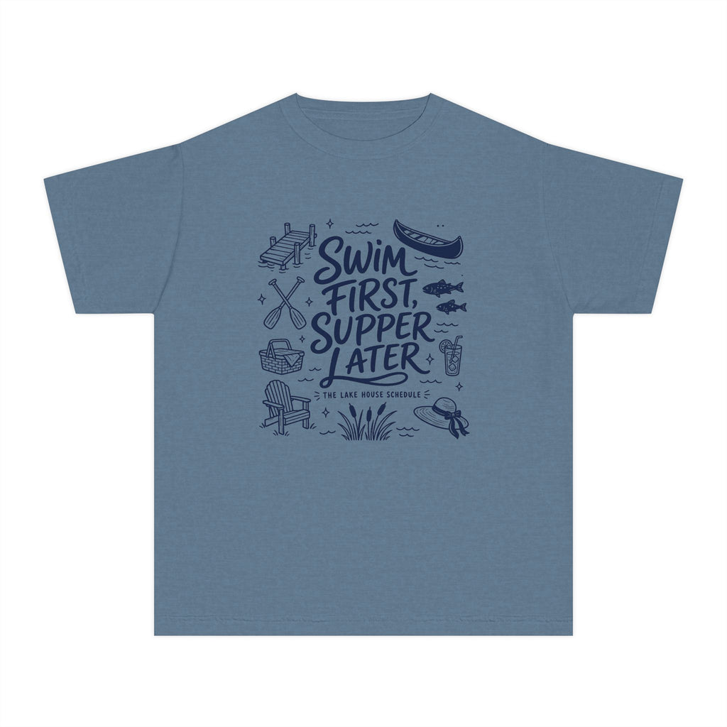 Swim First Supper Later Youth Tee – Kids' Comfort Colors Lake Vacation Shirt in Blue Jean – flat lay