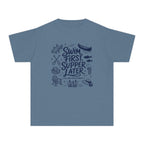 Swim First Supper Later Youth Tee – Kids' Comfort Colors Lake Vacation Shirt in Blue Jean – flat lay