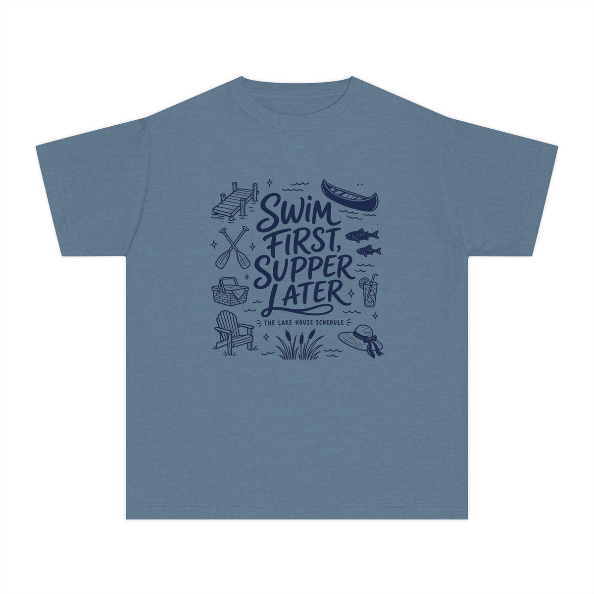 Swim First Supper Later Youth Tee – Kids' Comfort Colors Lake Vacation Shirt in Blue Jean – flat lay