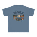 This Is Why We Take the Trip Youth Tee – Kids' Comfort Colors Lake Vacation Shirt in Blue Jean – flat lay