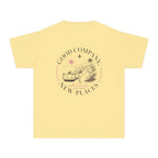 Good Company New Places Youth Tee – Kids' Comfort Colors Family Travel Shirt in Butter – flat lay
