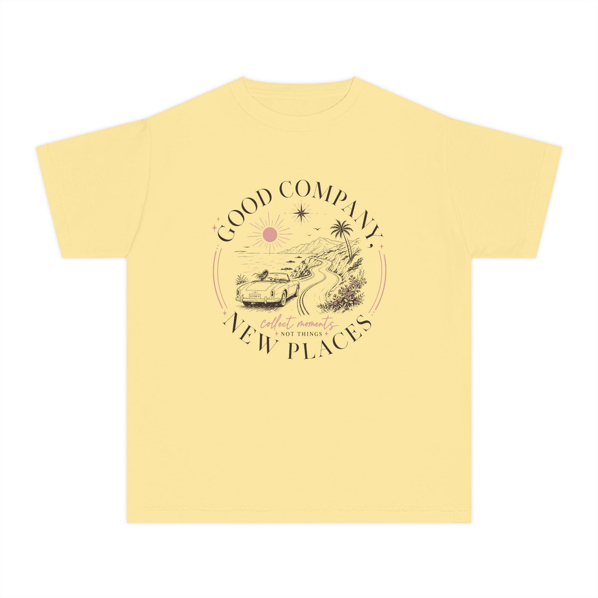 Good Company New Places Youth Tee – Kids' Comfort Colors Family Travel Shirt in Butter – flat lay