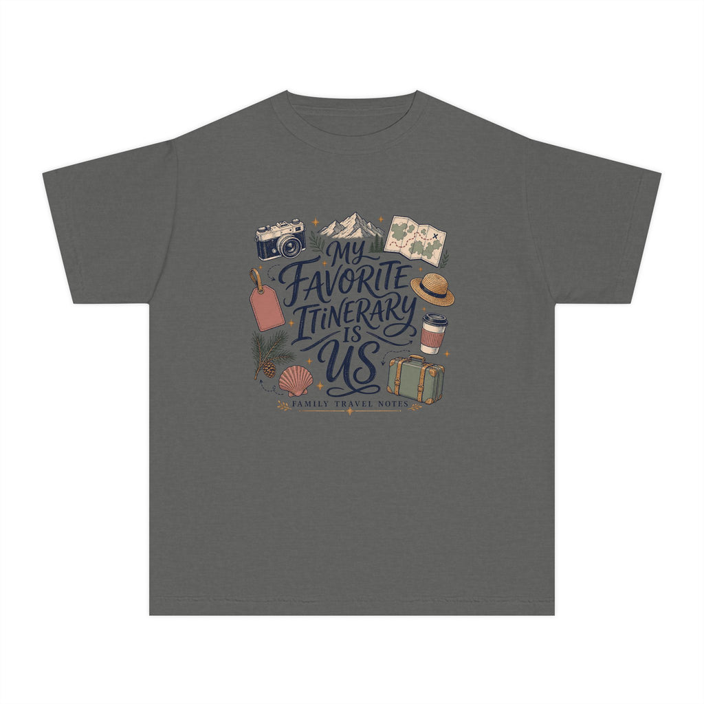 My Favorite Itinerary Is Us Youth Tee – Kids' Comfort Colors Family Travel Shirt in Pepper – flat lay
