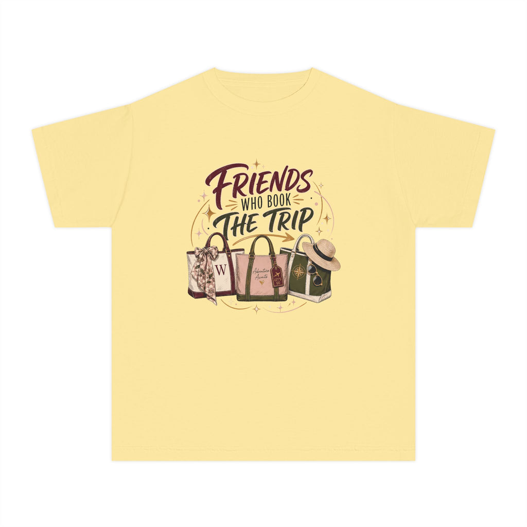 Friends Who Book the Trip Youth Tee – Kids' Comfort Colors Travel Shirt in Butter – flat lay
