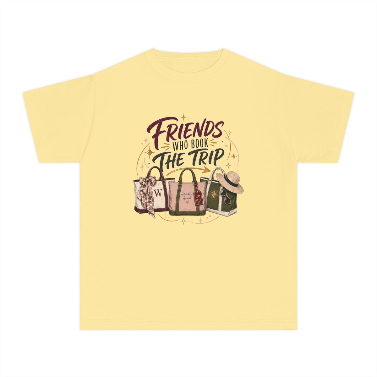 Friends Who Book the Trip Youth Tee – Kids' Comfort Colors Travel Shirt in Butter – flat lay