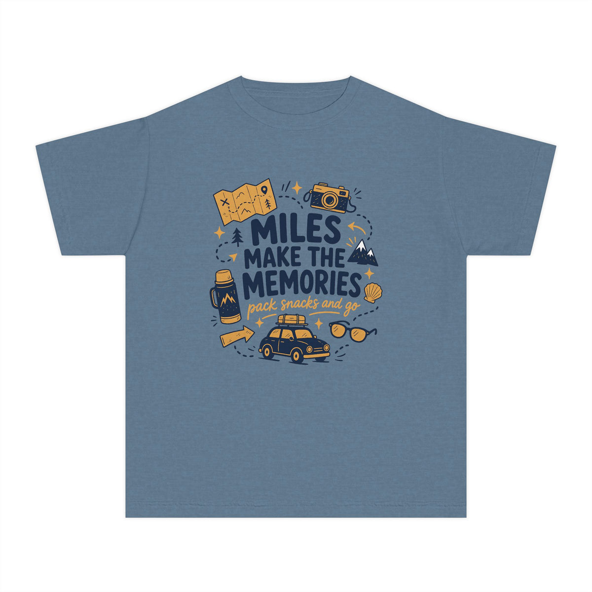 Miles Make the Memories Youth Tee – Kids' Comfort Colors Road Trip Shirt in Blue Jean – flat lay