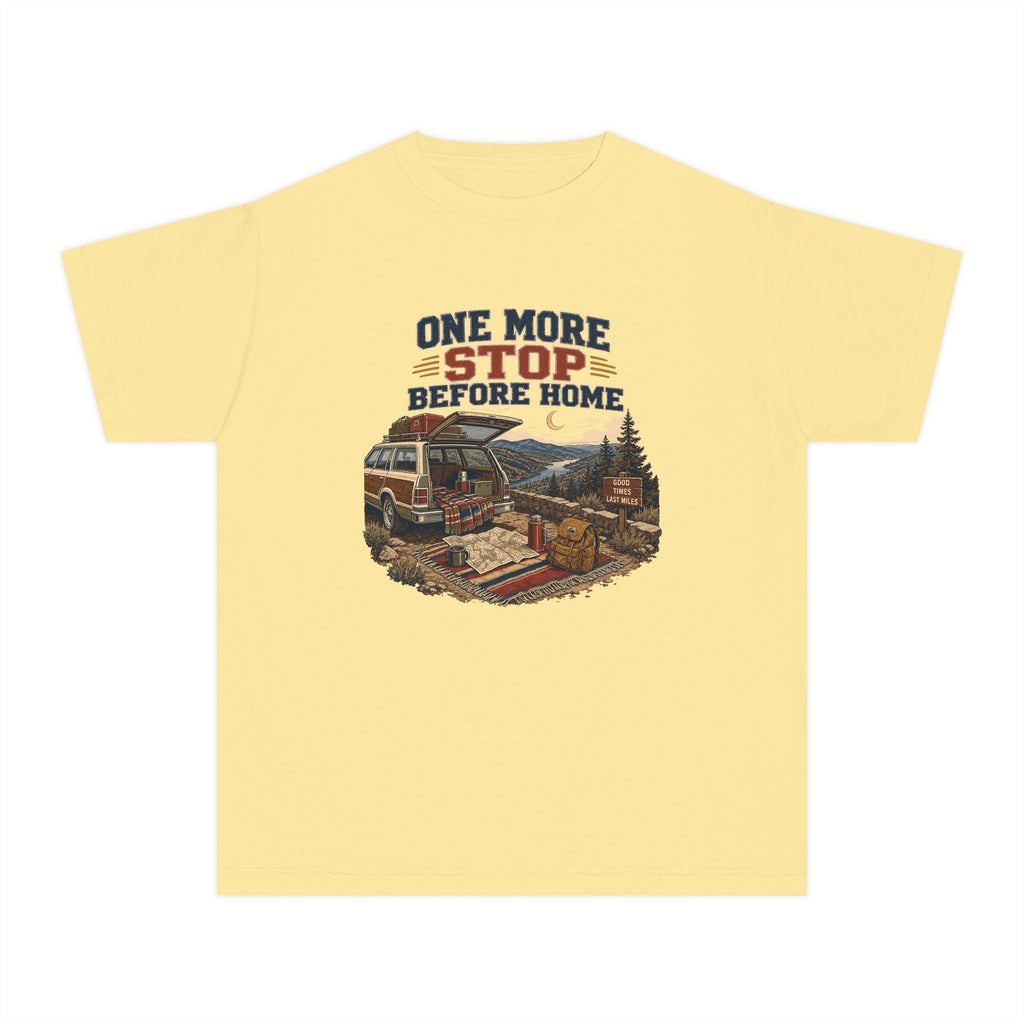 One More Stop Before Home Youth Tee – Kids' Comfort Colors Road Trip Shirt in Butter – flat lay