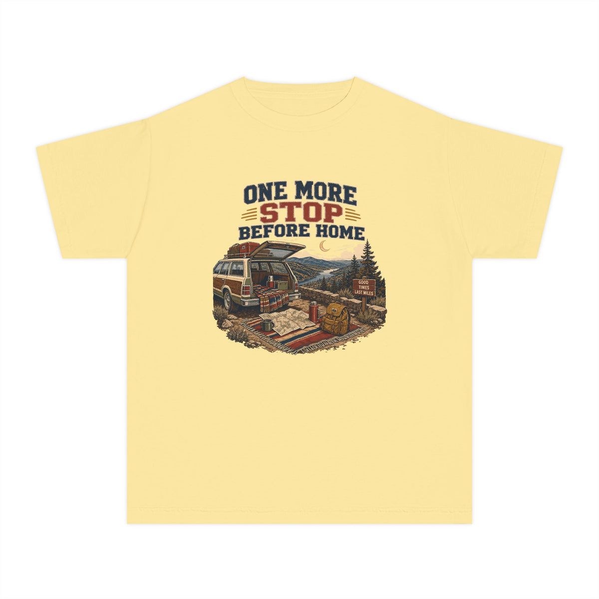 One More Stop Before Home Youth Tee – Kids' Comfort Colors Road Trip Shirt in Butter – flat lay