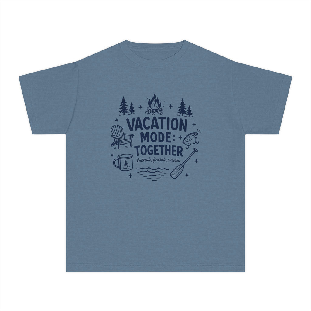 Vacation Mode Together Youth Tee – Kids' Comfort Colors Lake Vacation Shirt in Blue Jean – flat lay