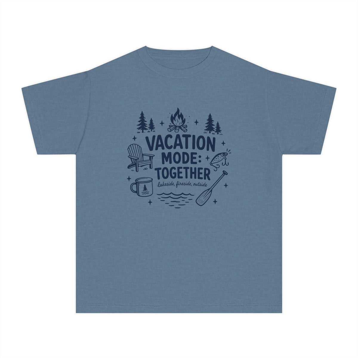 Vacation Mode Together Youth Tee – Kids' Comfort Colors Lake Vacation Shirt in Blue Jean – flat lay