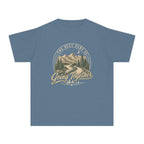 The Best Part Is Going Together Youth Tee – Kids' Comfort Colors Road Trip Shirt in Blue Jean – flat lay