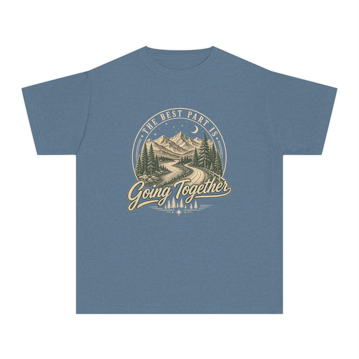 The Best Part Is Going Together Youth Tee – Kids' Comfort Colors Road Trip Shirt in Blue Jean – flat lay