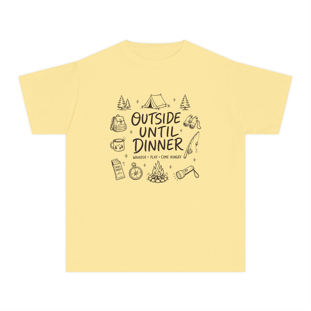 Outside Until Dinner Youth Tee – Kids' Comfort Colors Camping Shirt in Butter – flat lay