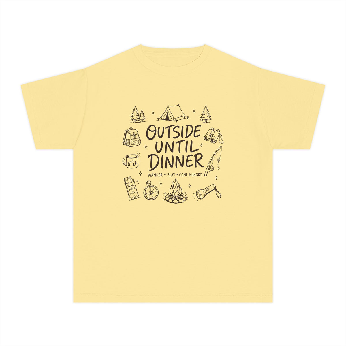 Outside Until Dinner Youth Tee – Kids' Comfort Colors Camping Shirt in Butter – flat lay