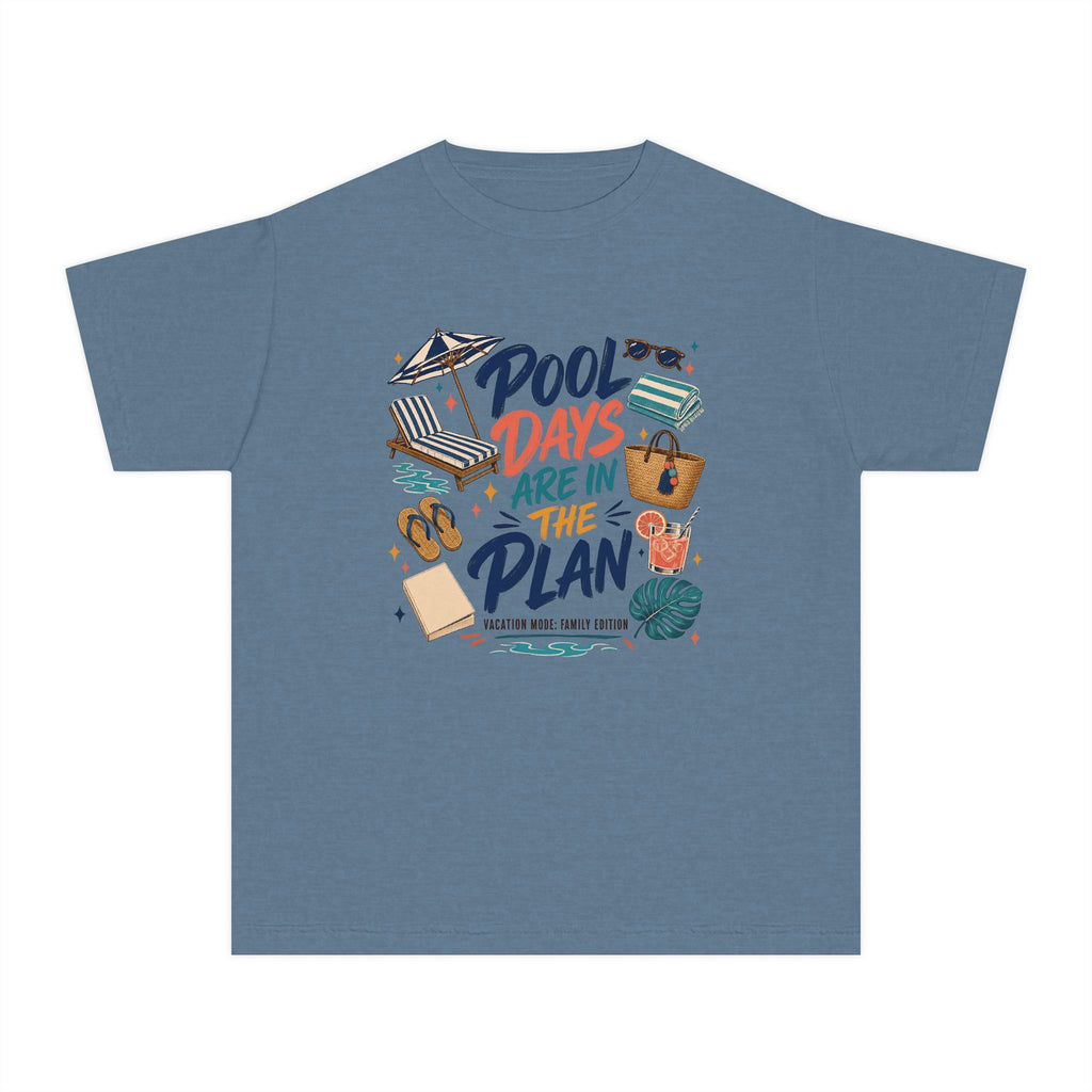 Pool Days Are in the Plan Youth Tee – Kids' Comfort Colors Family Getaway Shirt in Blue Jean – flat lay