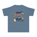 Pool Days Are in the Plan Youth Tee – Kids' Comfort Colors Family Getaway Shirt in Blue Jean – flat lay