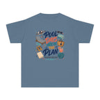 Pool Days Are in the Plan Youth Tee – Kids' Comfort Colors Family Getaway Shirt in Blue Jean – flat lay