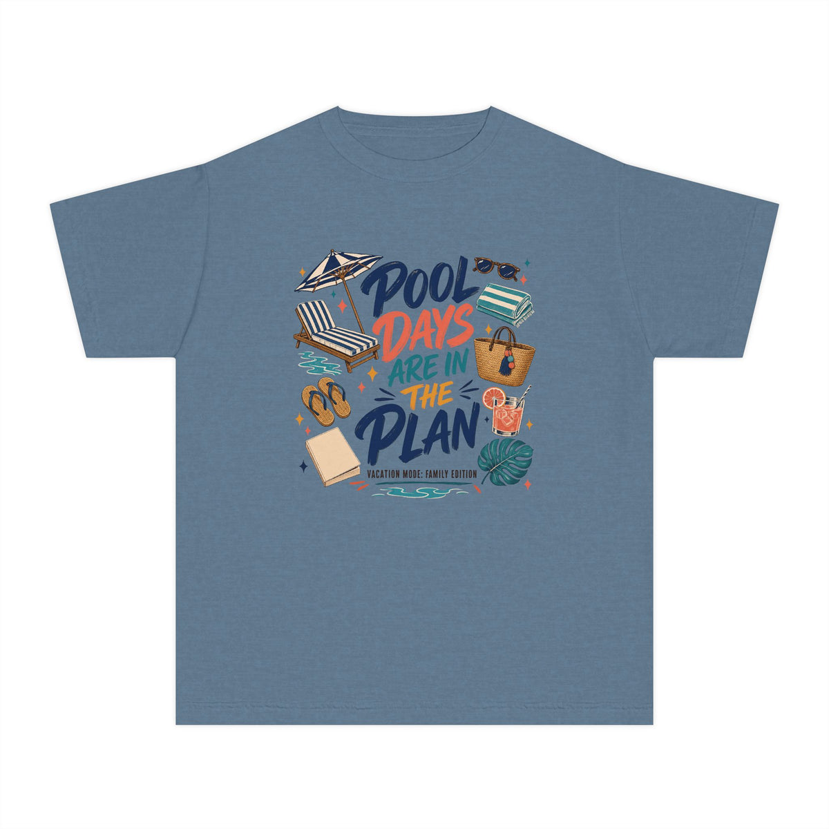 Pool Days Are in the Plan Youth Tee – Kids' Comfort Colors Family Getaway Shirt in Blue Jean – flat lay