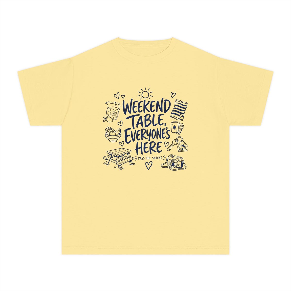 Weekend Table Everyone's Here Youth Tee – Kids' Comfort Colors Family Getaway Shirt in Butter – flat lay