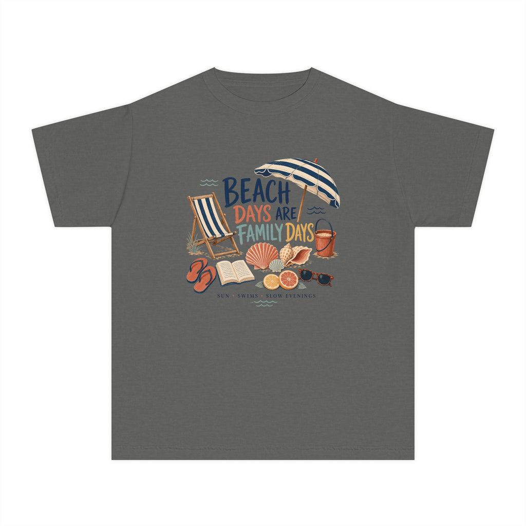 Beach Days Are Family Days Youth Tee – Kids' Comfort Colors Beach Vacation Shirt in Pepper – flat lay