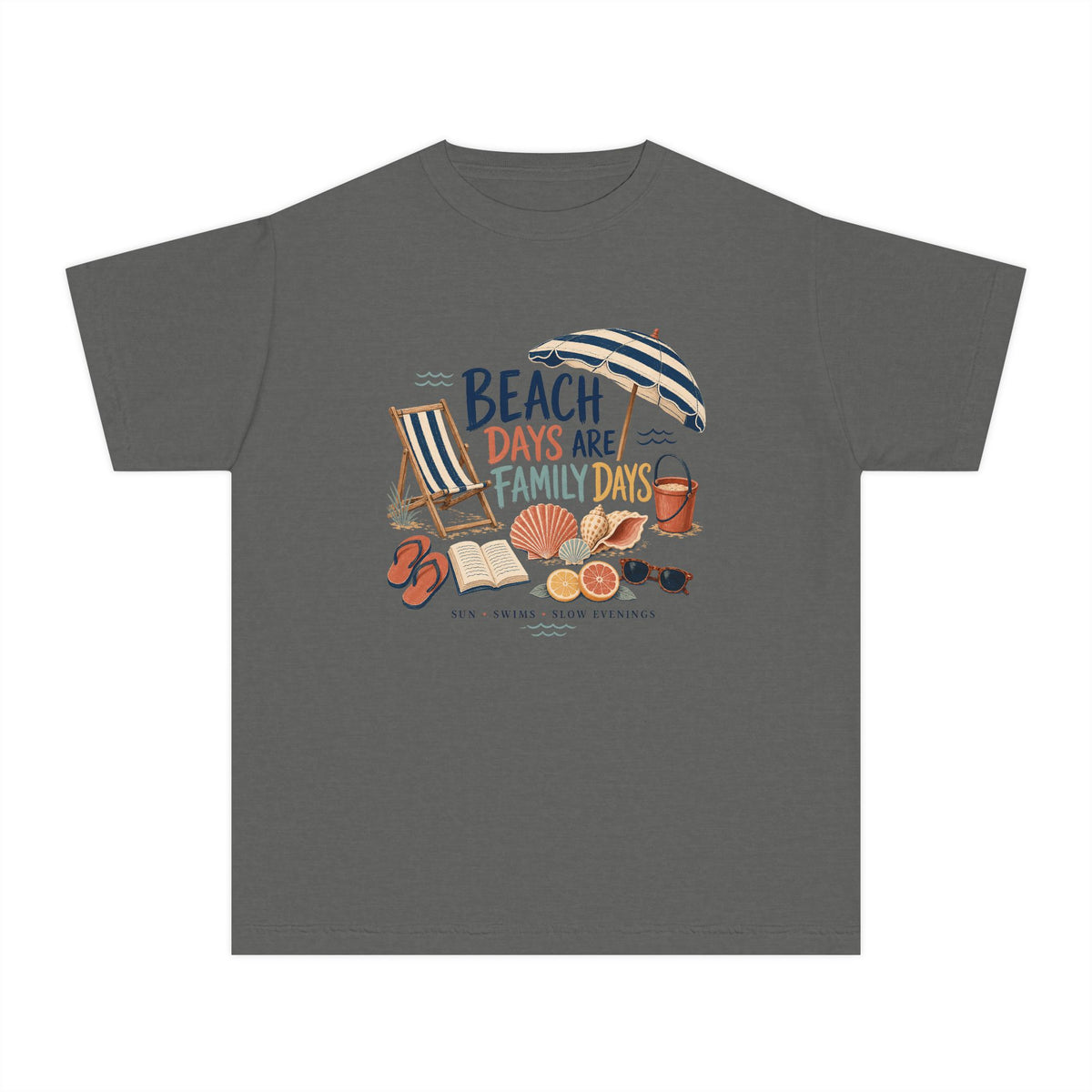 Beach Days Are Family Days Youth Tee – Kids' Comfort Colors Beach Vacation Shirt in Pepper – flat lay