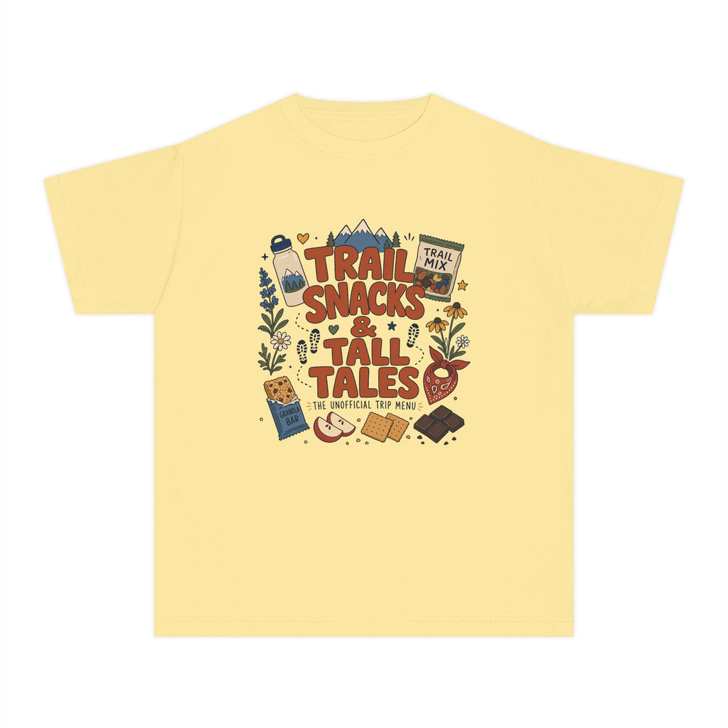 Trail Snacks and Tall Tales Youth Tee – Kids' Comfort Colors Mountain Adventure Shirt in Butter – flat lay