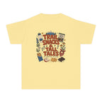 Trail Snacks and Tall Tales Youth Tee – Kids' Comfort Colors Mountain Adventure Shirt in Butter – flat lay