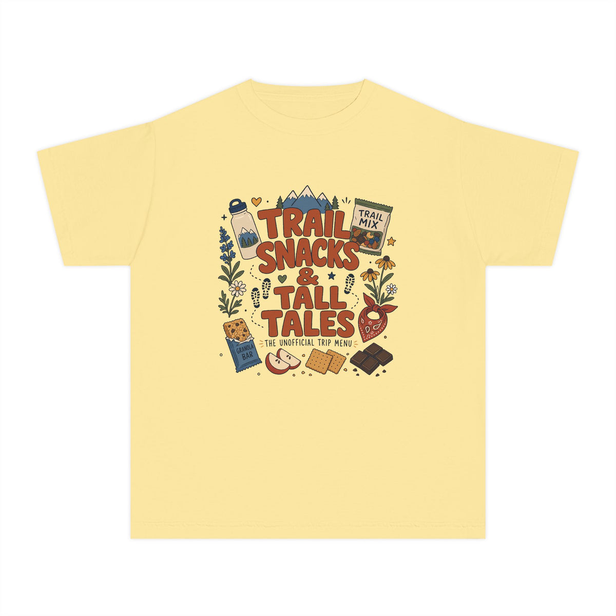 Trail Snacks and Tall Tales Youth Tee – Kids' Comfort Colors Mountain Adventure Shirt in Butter – flat lay