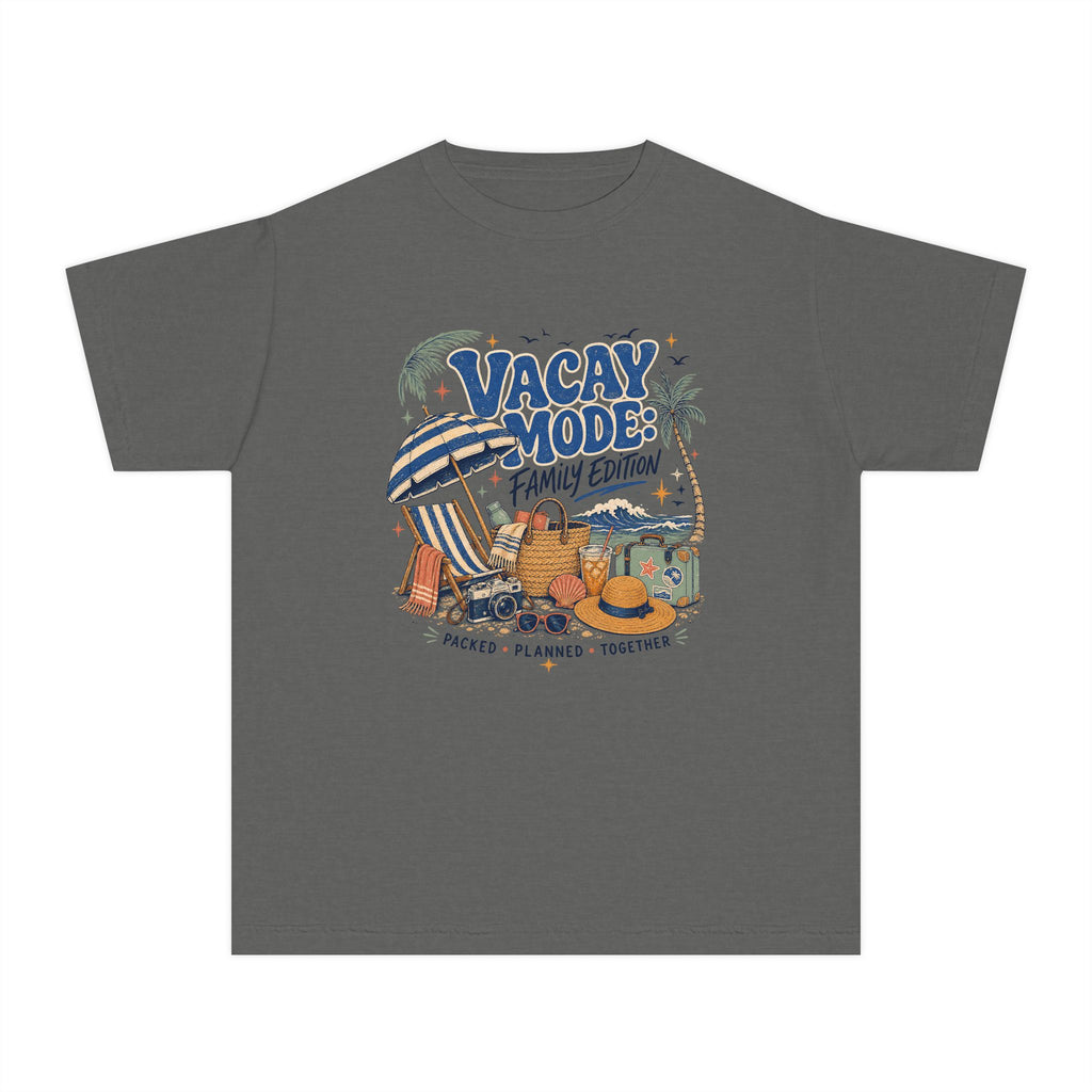 Vacay Mode Family Edition Youth Tee – Kids' Comfort Colors Family Travel Shirt in Pepper – flat lay